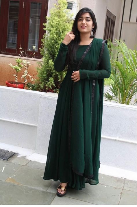 Bottle Green Kurti Design, Indian Gown, Meta Ads, Suit With Dupatta, Gown Indian, Eid Dress, Anarkali Dresses, Georgette Gown