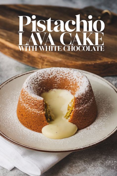 Indulge in the decadent combination of pistachio lava cake and white chocolate for a rich and luxurious dessert experience. White Lava Cake, Chocolate Passionfruit Cake, Lava Dessert, Passionfruit Cake, Luxury Desserts, Pistachio White Chocolate, Thanksgiving Soups, White Chocolate Desserts, Lava Cake Recipe