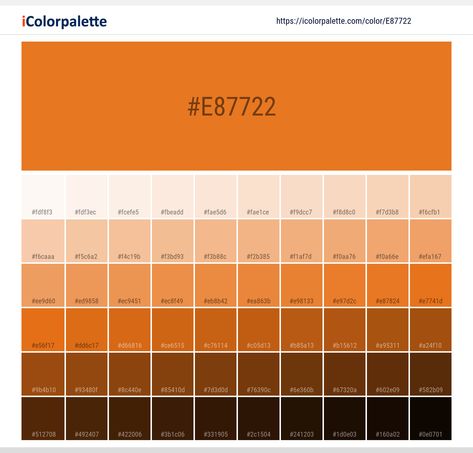 Color space information Pantone 158 C Color | Hex color Code #E87722. Similar Pantone Color name Information, Color Schemes, Light / Darkshades, Tones, Similar Colors , Preview the color and download Photoshop swatch and solid color background image Pantone Color Book, Space Information, Color Palette From Image, Hexadecimal Color, Hex Color, Pantone Colour Palettes, Orange Color Palettes, Hex Color Palette, Color Palette Yellow