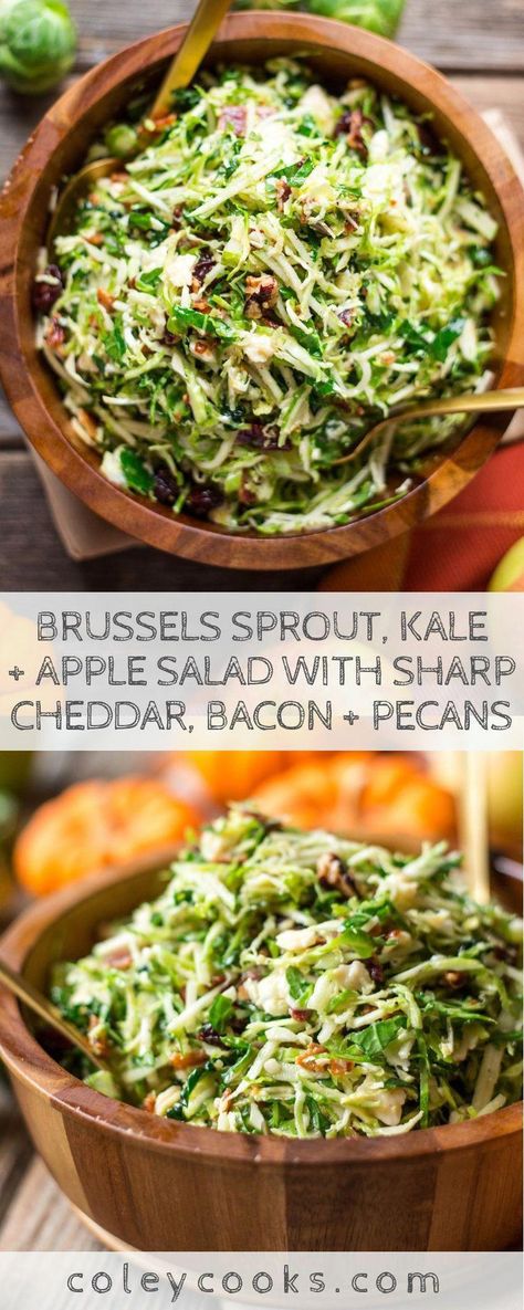 BRUSSELS SPROUT, KALE + APPLE SALAD with SHARP CHEDDAR, BACON + PECANS | Easy, flavorful and healthy fall salad perfect for Thanksgiving. #thanksgiving #side #salad #kale #brusselssprouts #recipe #apples #easy #makeahead | ColeyCooks.com #DetoxandCleanseSalads Fall Brussels Sprout Salad, Kale Brussel Sprout Salad Recipes, Fall Brussel Sprout Salad, Fall Kale Salad, Kale Brussel Sprout Salad, Healthy Fall Salads, Kale Apple Salad, Apple Salad, Autumn Salad