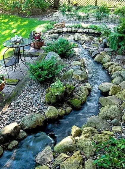 40 Artificial River Ideas for a Calming Yard Atmosphere - Matchness.com River Rock Pond Backyard Waterfalls, Front Yard Ponds Ideas, Yard Ponds With Waterfall, Landscape Pond Ideas, Water Feature In Garden, Water Feature With Rocks, Water Backyard Ideas, Backyard River Pond, Backyard Stream Diy