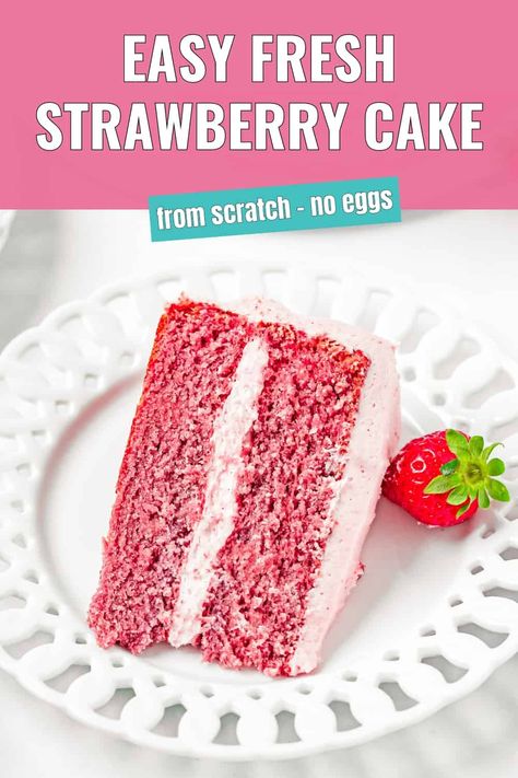 This Easy Fresh Strawberry Cake is moist, light, tender, and infused with the vibrant flavors of real strawberries. Easy to make with simple ingredients, this egg-free strawberry cake is the perfect way to add a touch of sweetness to any celebration.  @mommyhomecookin Eggless Strawberry Cake, Eggless Strawberry Cake Recipe, Strawberry Cake Mix Recipes, Egg Free Dessert Recipes, Strawberry Cake From Scratch, Crazy Cake Recipes, Homemade Strawberry Cake, Egg Free Cakes, Egg Free Desserts