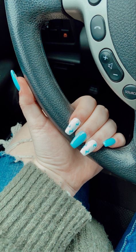 Summer Short Coffin Nails, Bolt Nails, Acrylic Nails Light Blue, Lightning Bolt Nails, Turquoise Acrylic Nails, Lightning Nails, Country Acrylic Nails, Rodeo Nails, Coffin Nails Designs Summer