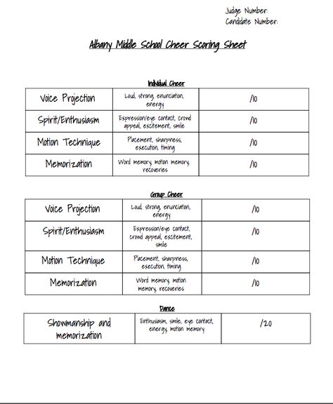 Albany Cheer Tryout Scoring Sheet Cheer Score Sheet, Cheer Tryouts Posters, Cheerleading Tryout Score Sheet, Elementary Cheer Coach, Cheer Tryout Score Sheet, Cheerleading Tryouts, Cheer Gym, Cheerleading Tips, Step Team