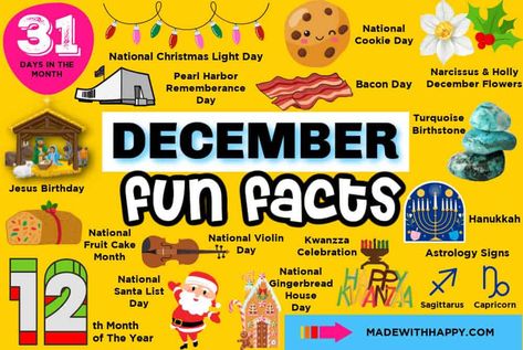 Celebrate the month of December with your kids and learn lots of December Fun facts including birthstones, flowers, and holidays. The post December Fun Facts appeared first on Made with HAPPY. Christmas Fun Facts, December Background, Birthday Doodles, Saints For Kids, Valentine Card Crafts, Fun Halloween Games, Fun Facts For Kids, Month Of December, Halloween Printables Free