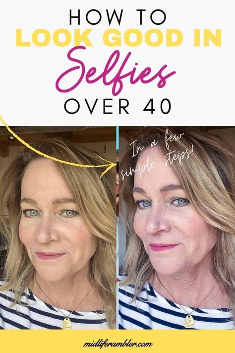 How to Look Good in Selfies Over 40 - Easy Tips for Instantly Better Selfies | Here's the secret to looking good in photos and taking the best selfies. How to angle your head to avoid a double chin, how to avoid that crazy eye look, how to pose to flatter your body and the best lighting for Instagram worthy photos. Plus simple changes you can make with apps on your phone to take things to the next level! #instagram #phototips #selfietips #midliferambler Picture Day Tips, Better Selfies, Couple Selfie, Selfie Tips, Best Selfies, Poses Selfie, How To Shade, Photography Posing Guide, Posing Tips