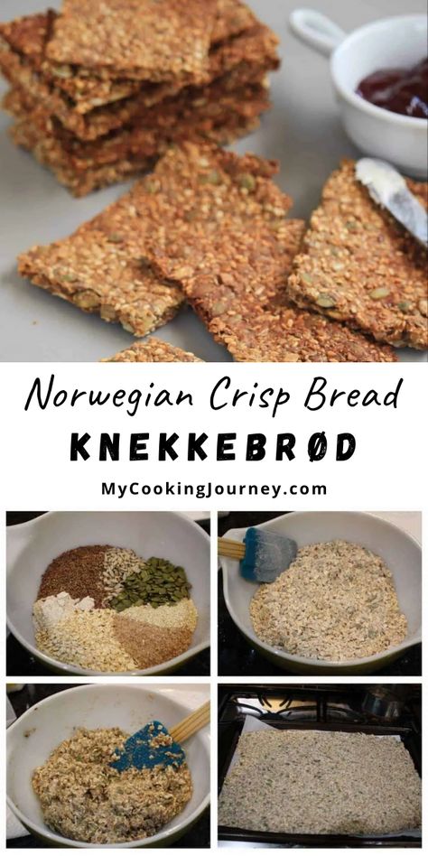 This Norwegian Crisp Bread | Knekkebrød, is a wonderful hard bread loaded with whole grains and seeds. Great for snacking and for energy boost. #bread #norwegianbread #crispbread  @mycookinjourney | mycookingjourney.com Norwegian Crackers Recipe, Crisp Bread Recipe, Norwegian Seed Crackers, Norwegian Crispbread Recipe, Hard Bread Recipe, Norwegian Bread Recipes, Crispy Bread Recipe, Nordic Snacks, Norwegian Crispbread