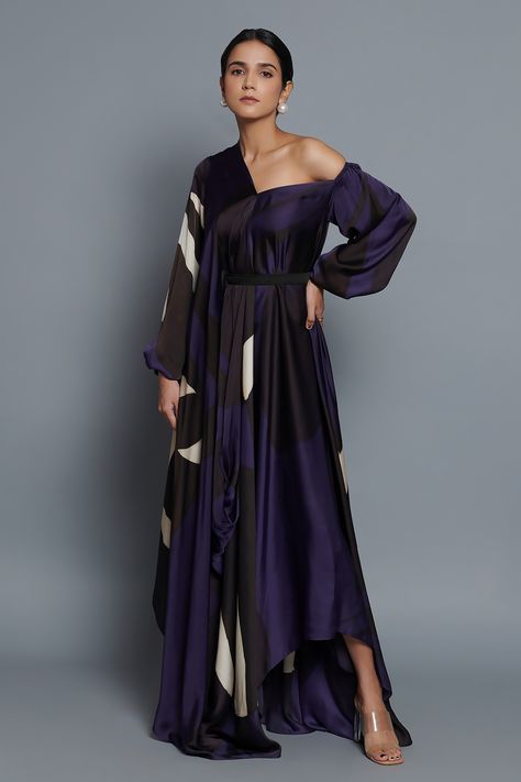 Buy Blue Satin Printed One Shoulder Asymmetric Draped Kaftan For Women by Vedika M Online at Aza Fashions. Off Shoulder Kaftan, Draped Kaftan, Kaftan For Women, Satin Hands, Satin Color, Fashion App, Puffed Sleeves, Blue Satin, Indian Wear