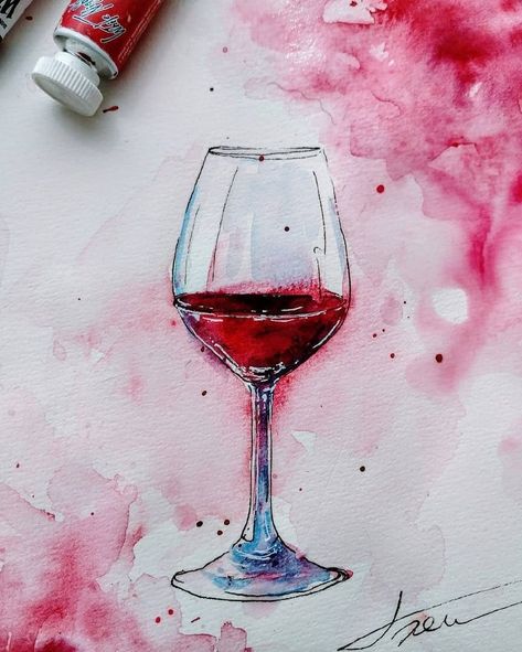 Glass Of Wine Watercolor, Wine Drawing Easy, Wine Watercolor Painting, Wine Drawing Sketches, Wine Watercolor, Wine Glass Drawing, 30 Day Art Challenge, Watercolor Pencil Art, Africa Art Design