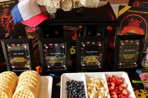 Stranger Things Party | CatchMyParty.com Stranger Things Waffle Bar, Stranger Things Watch Party, Stranger Things Halloween Party, Character Themes, Calorie Breakfast, Stranger Things Costume, Stranger Things Halloween, Waffle Bar, White Chapel