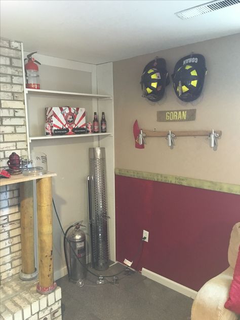 Firefighter Man Cave Firefighter Office Ideas, Firefighter Room Ideas, Firefighter Room Man Caves, Firefighter Bar Ideas, Firefighter Bar, Firefighter Bedroom, Fire Dept Decor, Firefighter Man Cave, Fire Decor