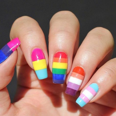 Rainbow Nail Inspiration, Short Gel Nails Colorful, Nails Pride Short, Short Nail Designs Rainbow, Nails For Pride Month, Trans Nail Art, Lgbtq Nail Designs, Pan Flag Nails, Pansexual Nails Designs