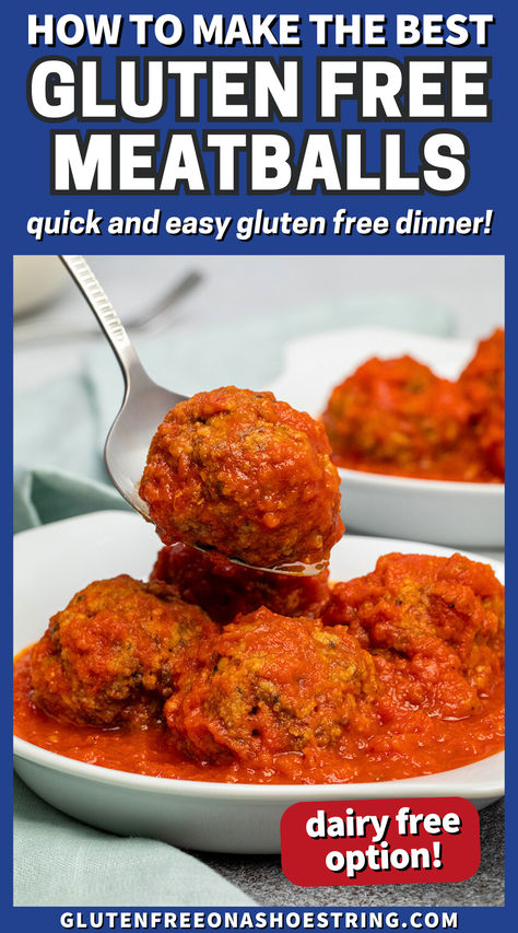 a white plate with meatballs in red sauce with another plate of them in the background Gf Meatballs Gluten Free, Meatball Recipes Gluten Free, Gluten Free Dairy Free Meatballs, Gf Meatballs, Dairy Free Meatballs, Gluten Free Meatballs Recipe, Weeknight Family Dinner, Juicy Meatballs, Gluten Free Meatballs