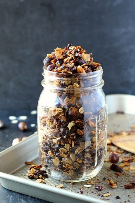 Toasted Chocolate Hazelnut Granola | Garden in the Kitchen Hazelnut Granola, Garden In The Kitchen, Chia Overnight Oats, Healthy Nuts, Raw Desserts, Quick Easy Snacks, On The Go Snacks, Chocolate Hazelnut, Healthy Snacks For Kids