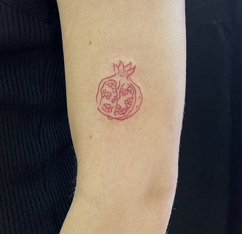 Aesthetic Fineline Tattoo, Price Tag Tattoo, Pomegranate Stamp Tattoo, Pomegranate Tattoo Design, Pommegrenade Tattoo, All Things Must Pass Tattoo, Red Pomegranate Tattoo, Red Line Tattoos, Adrianne Lenker Tattoo