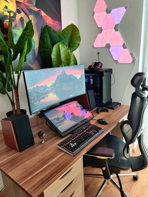 Drawing Monitor Setup, Artist Pc Setup, Boho Gaming Setup, Studio Seni, Dream Desk Setup, Desk Setup Ideas, Simple Draw, Artist Workspace, Gaming Desk Setup