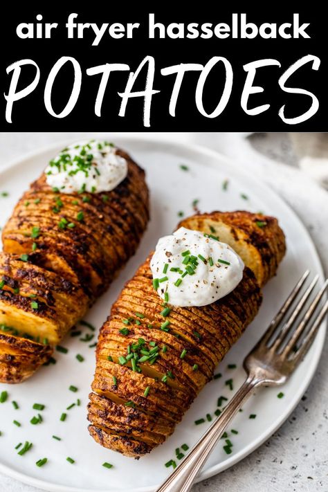 These 35-minute Air Fryer Hasselback Potatoes taste as good as they look! Seasoned with melted butter and simple herbs and spices, the mouthwatering flavors are always crowd-pleasing while the crispy skin leaves you wanting more. Air Fryer Hasselback Potatoes, Hasselback Sweet Potatoes, Vegetarian Recipes For Beginners, Pesto Potatoes, Autumn Side Dishes, Hasselback Potatoes, Delicious Gluten Free Recipes, Wanting More, Herbs And Spices