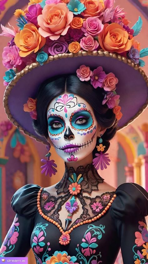 Catrina Make Up Ideas, Dia De Muertos Costume Ideas, Dia De Los Muertos Costumes For Women, Mexican Sugar Skull Art Beautiful, Makijaż Sugar Skull, Catrina Costume, Halloween Makeup Sugar Skull, Dead Costume, Sugar Skull Costume