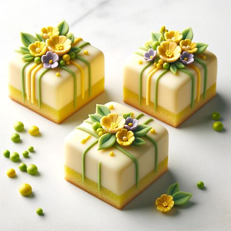 This lemon petit fours recipe features delicate little lemon cakes with flower decorations. Make them using tart lemon curd or frosting. You can also decorate them with berry designs or use a simple icing or glaze. They are perfect for weddings, tea time, parties, or other occasions. #RecipeMash #Cake #French Petit Four Design Ideas, Petit Fours Recipe, Simple Icing, Petit Four Recipes, Lemon Cakes, Wedding Sweets, Beautiful Desserts, Fancy Desserts, Little Cakes