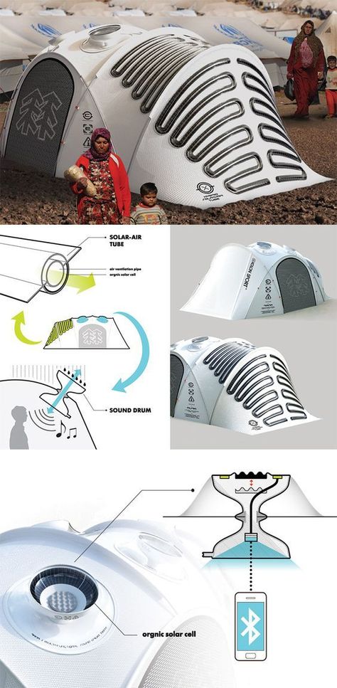 This 'new-generation outdoor tent' is a nature-interactive and energy-independent tent with two main parts: the Solar-Air Tube system that generates electricity, and creates airflow throughout the tent; and the Sound Drum which captures sounds to interact with nature even when inside... - Yanko Design  Ah bundan orta asyada olaydı ne rahat ederdik :) New Inventions Products, Solar Tent, Teknologi Futuristik, Alternative Energie, Supraviețuire Camping, Tenda Camping, Auto Camping, Detail Arsitektur, Outdoor Tent