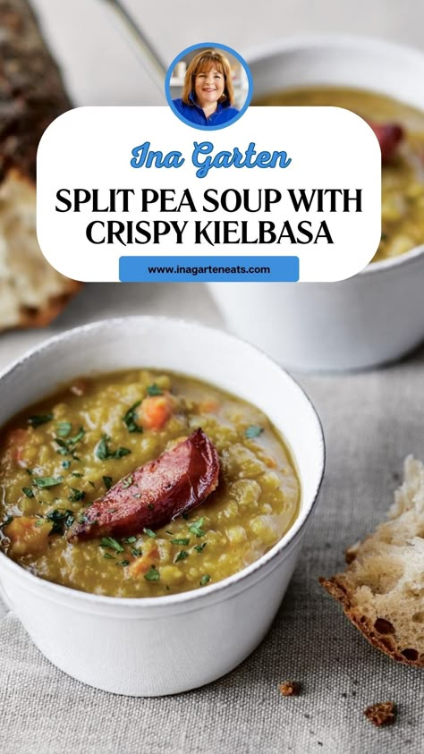 Ina Garten Split Pea Soup With Crispy Kielbasa Ina Garten Split Pea Soup With Kielbasa, Split Pea Soup With Kielbasa, Yellow Split Pea Recipes, Yellow Split Pea Recipe, Sausage Potato Kale Soup, Split Pea And Ham Soup, Smoked Kielbasa, Kielbasa Recipe, Kielbasa Soup