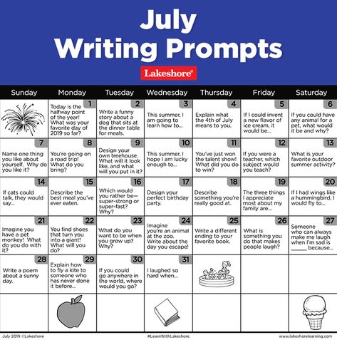 Our July writing prompts are available now—perfect for giving kids something fun to write or discuss each day! #writingprompts July Writing Prompts, Summer Writing Prompts, Speaking Cards, Summer Writing, Music Journal, Lakeshore Learning, Writing Prompts For Kids, Journal Lists, School Leadership