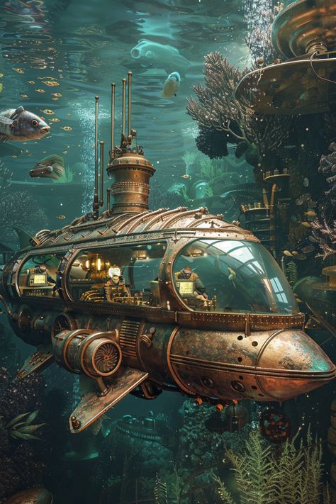 Les profondeurs océaniques cachaient bien des mystères, mais pour l'équipage du sous-marin steampunk, chaque plongée était une aventure sans pareille. Le vaisseau, une imposante baleine de laiton, coupait silencieusement les eaux ténébreuses, ses hublots révélant un ballet mécanique de poissons artificiels curieux.

À l'intérieur, l'équipage revêtait des combinaisons de cuir et de laiton, surveillant les consoles bouillonnantes et les cadrans en rotation avec une précision millimétrée. Submarine Aesthetic, Exploration Aesthetic, Steampunk Environment, Steampunk Rpg, Ville Steampunk, Steampunk Airships, Steampunk Submarine, Steampunk Building, Steampunk Ship