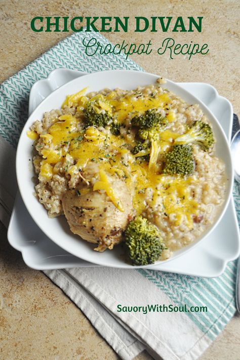 This chicken divan crock pot recipe is a classic comfort recipe that you’ve likely had in some form or another. Cooking it in the slow cooker makes it super simple. The chicken turns out very tender, and the sauce is very prolific & creamy.   #savorywithsoul #chickenbreastrecipes #chickendinnerideas #chickendivan #chickencasserolerecipes #chickencrockpotrecipes #chickenbroccolicasserole #chickenbroccoliricecheesecasserole #crockpotchickenrecipes Slow Cooker Broccoli Chicken Divan, Chicken Divan Crockpot Slow Cooker, Chicken Devan Crockpot, Crockpot Chicken Divan Recipe, Slow Cooker Chicken Divan, Crock Pot Chicken Divan, Chicken Divan Crockpot, Crockpot Chicken Divan, Chicken Broccoli Crockpot