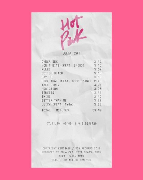 ALBUM RECEIPTS on Instagram: ““Hot Pink” by Doja Cat (@dojacat)” Album Receipts, College Wall Decor, Music Poster Ideas, Cool Album Covers, Film Posters Minimalist, Music Poster Design, Pink Vibes, Photo Wall Collage, Music Film