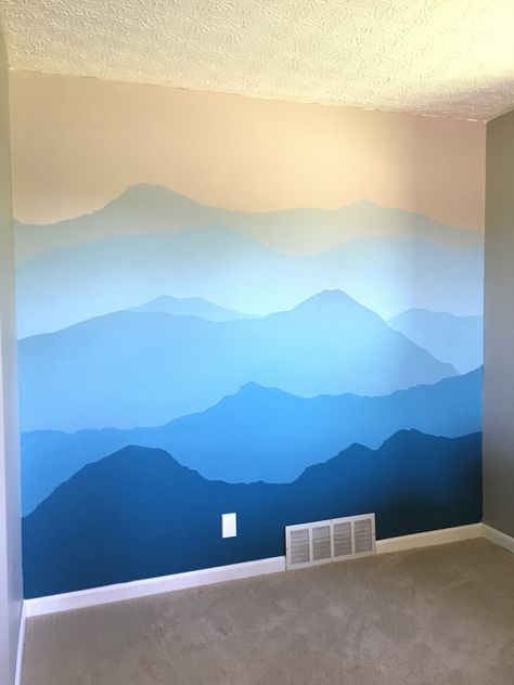 Sunset Wall Mural Painting, Masculine Wall Murals Painted, Wall Mountain Painting, Mountain Range Wall Mural, Wall Murals Painted Landscape, Mural Easy Ideas, Mountain Accent Wall Paint, Wall Murals Home, Bedroom Mountain Mural