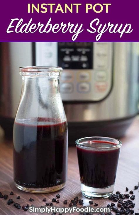 Instant Pot Elderberry Syrup is an earthy, sweet syrup. It is believed to be a great antioxidant, and a natural remedy for warding off colds and the flu! Pressure cooker Elderberry Syrup has ingredients to enhance the flavor, and also have potential health benefits. simplyhappyfoodie.com #instantpotelderberrysyrup #pressurecookerelderberrysyrup Elderberry Syrup Instant Pot, Elderberry Syrup Recipe Instant Pot, Instant Pot Elderberry Syrup, Shelf Stable Elderberry Syrup Recipe, Instapot Elderberry Syrup, Elderberry Syrup Recipe Shelf Stable, Shelf Stable Elderberry Syrup, Elderberry Juice, Elderberry Tea