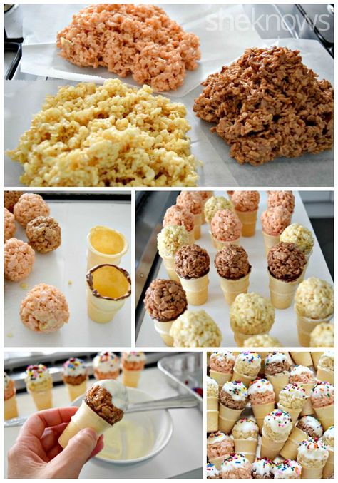 No melting here — these cute cones might look like ice cream, but they're made of Rice Krispies Treats Ice Cream Rice Krispie Treats, Waterpark Birthday Party, Chocolate Cereal Treats, Cake Stall Ideas, Ice Cream Cones Recipe, Ice Cream Theme Party, Krispy Treats Recipe, Almond Paste Recipes, Rice Krispies Cereal