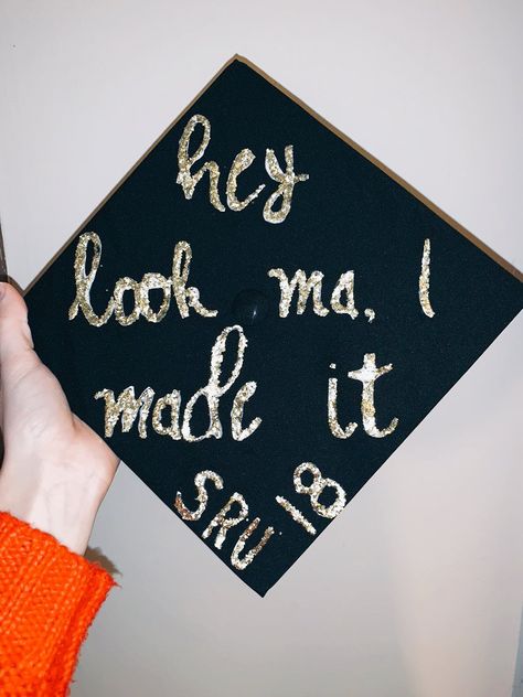 Hey Look Ma I Made It Grad Cap, Graduation Cap Designs Musical Theatre, Song Lyrics Graduation Cap, Musical Grad Caps, Song Lyric Grad Caps, Club Outfits Clubwear, Diy Graduation Decorations, Grad Hat, High School Graduation Cap