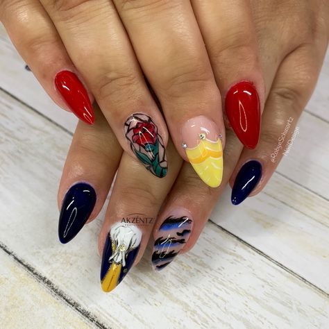 Disney Princess Nails Aesthetic, Beauty And Beast Nails, Beauty And The Beast Inspired Nails, Beauty And The Beast Nails Acrylic, Nails Beauty And The Beast, Beauty And The Beast Nails Designs, Belle Nails Disney, Belle Inspired Nails, Almond Nails Gel