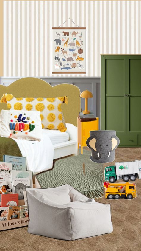 Boys room wallpaper trucks color green yellow Marvel Boys Room, Colorful Boys Room, Room Moodboard, Boy Toddler Bedroom, Toddler Boys Room, Kid's Rooms, Boys Room, Boy's Room, Room Inspo