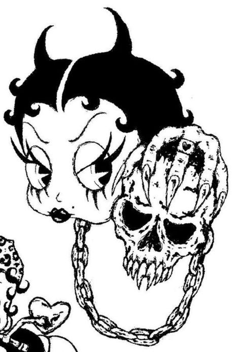 Betty Boop Motorcycle Tattoo, Punk Betty Boop, Bettie Boop Tattoo, Gothic Betty Boop Tattoo, Punk Art Artworks, Goth Betty Boop, Skull Art Simple, Betty Boop Drawing, Metal Hello Kitty