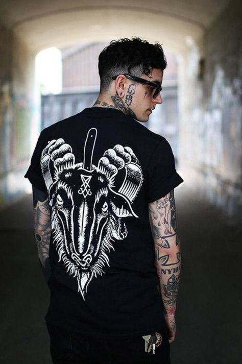 Our god of the witches goat tee, has this dope print on the back and a nice print on the front as well Tatto Boys, Goat Tee, Stay Cold Apparel, Graphic Shirt Design, T Shirt Logo Design, Shirt Logo Design, Tattoo Clothing, Tee Shirt Fashion, Metal T Shirts