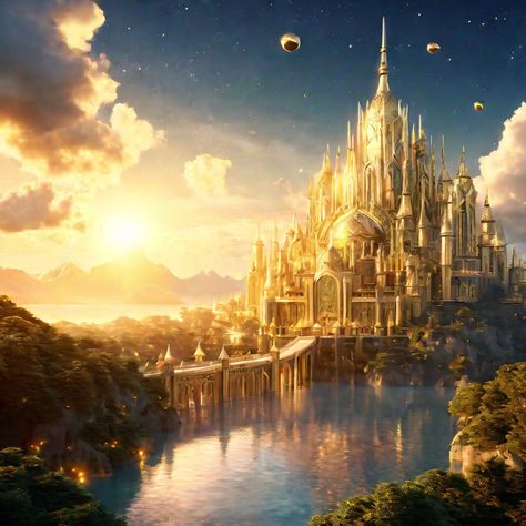 celestial kingdom, paradise in the sky, golden city, cinematic style... Golden Castle Aesthetic, Kingdom Aesthetic Light, Golden Kingdom Aesthetic, Sun Kingdom Aesthetic, Golden City Fantasy Art, Fantasy Kingdom Cities, Fantasy Skyline, Japanese Fortress, Kingdom Concept Art