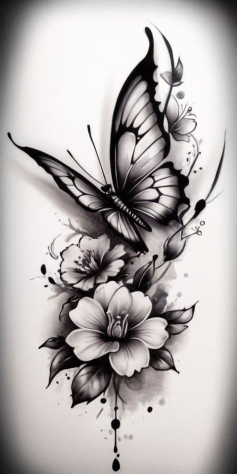 Black Tattoos For Women, Art Butterfly Tattoo, Female Sleeve Tattoo Ideas, Flowers Tattoo Design, Black And White Flower Tattoo, Tattoos For Women Flowers, Owl Tattoo Design, Butterfly Tattoo Designs, Unique Tattoo Designs