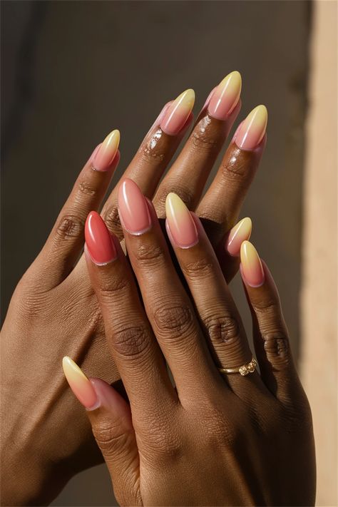 Elevate your nail art game with these stunning ombre summer nail ideas! This simple yet captivating style transitions seamlessly from a bright, sunny yellow at the base to a soft sky blue at the tips, capturing the essence of summer in every swipe. Easy to achieve, these nails are perfect for beach days or picnics in the park. Embrace the season with this effortless look that will keep you stylish and cool all summer long. Beach Nails By Skin Tone Range, Ombre Nails Beach, Pastel Sunset Nails, Blue Sky Nails Art Designs, Blue Nails Beach Vibes, Beach Nails Ideas, Nails Ideas Summer, Summer Nail Ideas, Transitional Fashion