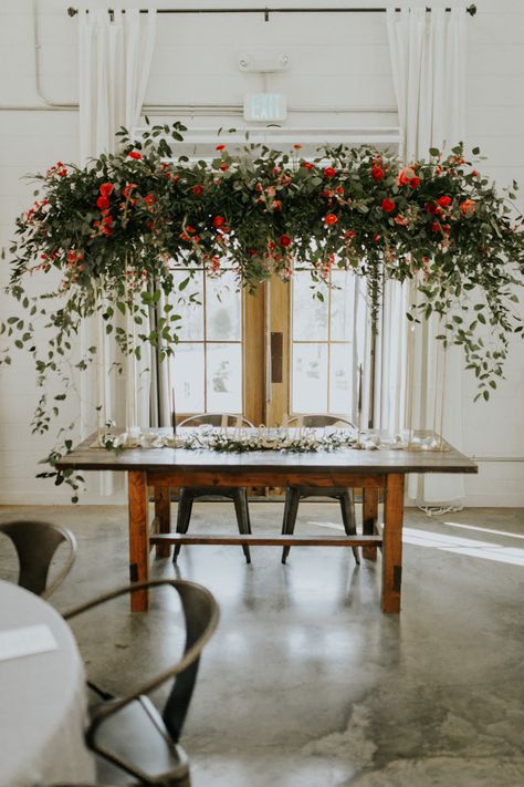 Flowers Above Table Wedding, Flowers Over Table Wedding, Floral Overhang Wedding, Suspended Greenery Wedding, Greenery Floral Installation, Suspended Flower Installation, Sweetheart Table Hanging Flowers, Hanging Flowers For Wedding, Floral Installations Wedding