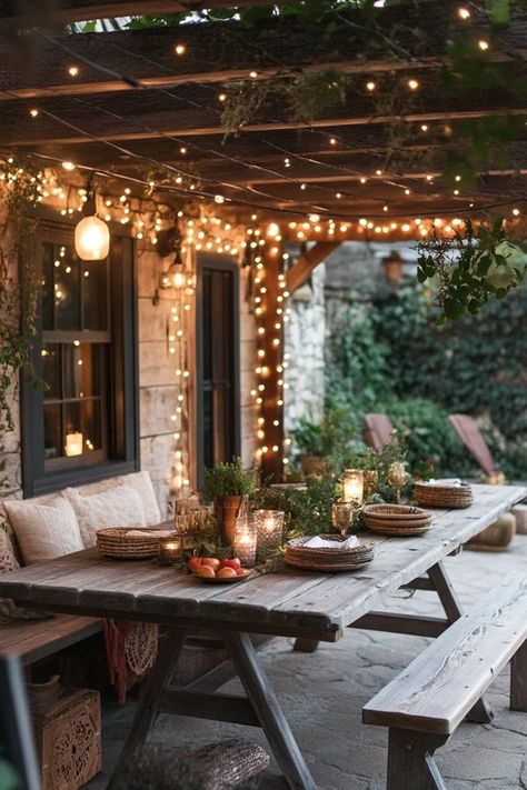 "Create a warm and welcoming atmosphere with a Rustic Outdoor Dining Area! 🍽️🌾 Perfect for enjoying meals under the stars. 🌟✨ #OutdoorLiving #RusticDining #GardenDesign" Covered Outdoor Eating Spaces, Dining Area Outdoor, Backyard Eating Spaces, Screened In Porch Dining Area, Screened In Porch Dining, Back Porch Dining, Outdoor Dining Area Ideas, Porch Dining Area, Plants Front Porch