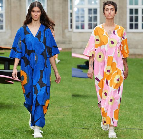 Marimekko 2024 Spring Summer Womens Runway Collection - Copenhagen Fashion Week Denmark CPHFW København - Unikko Iconic 1960s Sixties Print Design Flowers Floral Plants Maxi Shift Poplin Dress Shirtdress Colorblock Split Half Onesie Jumpsuit Coveralls Wide Leg Palazzo Pants Culottes Tank Top Shirt Blouse Tunic Silhouette Geometric Cap Sleeve Tabard Stripes Knit Sweater Shorts Lanyard Pouch Bag Socks Sandals Marimekko Fashion, Lanyard Pouch, Socks Sandals, Marimekko Dress, Sweater Shorts, Copenhagen Fashion, 2024 Spring Summer, Wide Leg Palazzo Pants, Floral Print Design