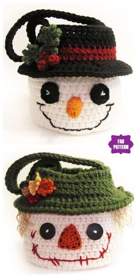 Crochet Snowman Basket Free Crochet Pattern & Paid Crochet Snowman Purse, Crochet Snowman Bag, Free Crocheted Christmas Patterns, Crochet Christmas Purse, Holiday Crochet Patterns, Amigurumi For Beginners, Crocheted Christmas, Purse Crochet, Crochet Christmas Gifts