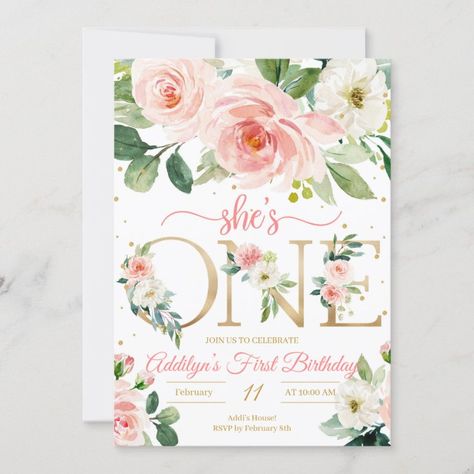 She is ONE bohemian floral girl first birthday Invitation | Zazzle Birthdays Themes, 1st Birthday Girl Decorations, 1st Birthday Party For Girls, Floral Birthday Party, One Year Birthday, First Birthday Themes, 1 Birthday, Boho Birthday