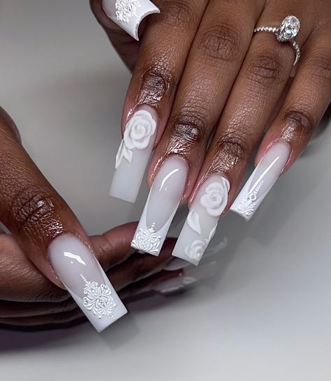 Bridal freestyle 🥂🕊♡₊˚₊✧ Sweet girl Came to make her big day xtra special with some fresh claws ✨ • Check out @ash_doesnailz for appointments/content/inspo & more • July books open! Link to book in bio 🤗 • Products used @vbeautypure Soft touch & crystal clear @dndgel French white gel polish No cleanse top coat #weddingnails #bridalnails #weddinginspo #softwhitenails #whitenails #3drosenails #3dflowernails #embossednails ##vintagenails #vbeautypure #vbeauty #dndgelpolish #summernails... Milky White Nails With White Design, White Base Acrylic Nails, White Base Nail Design, White Gel Polish, Bio Products, Junk Nails, 3d Flower Nails, Milky Nails, Books Open