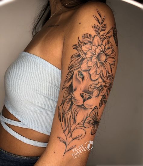 Lion Tattoo With Flowers, Magic Runes, Tiger Tattoo Design, Leo Tattoos, Upper Arm Tattoos, Forearm Tattoo Women, Pretty Tattoos For Women, Dope Tattoos For Women, Shoulder Tattoos For Women