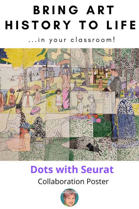 This year, I wanted to put a little different spin on Dot Day. I had just completed a new collaboration poster of Georges Seurat’s A Sunday Afternoon on the Island of La Grande Jatte. I realized this would be the perfect (and unique) Dot Day art project. I showed my students an example of Seurats’ iconic artwork and showed how it is completely made up of little dots. As we made our version, each student added colors and dots in their own individual ways. The Dot Art Projects, Seurat Art Projects For Kids, Pointillism Art Projects, Dot Day Art, Art History Activities, Collaboration Poster, George Seurat, Art With Jenny K, Group Art Projects