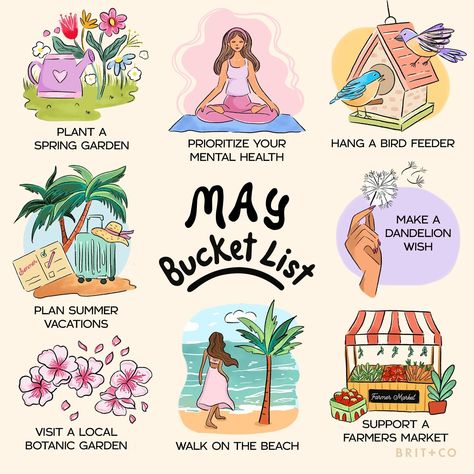 Hello May ✨ It's the season of sweetness, so we're embracing all the spring blooms and making the most of the season ☀️ Here's what's on our list for the month of May:⁠ ⁠ plant a spring garden 🌷 ⁠ prioritize your mental health 🧘‍♀️ ⁠ hang a bird feeder 🦜 ⁠ plan summer vacations ✈️ ⁠ make a dandelion wish ✨ ⁠ visit a local botanic garden 🌸 ⁠ walk on the beach 🏝️ ⁠ support a farmers market 💐 ⁠ ⁠ #hellomay #may #maybucketlist #spring #springtime #hellospring #bucketlist #thingstodo #travel #flow... May Bucket List, March Bucket List, Bucket List Journal, Bujo Layout, Working On Me, A Dandelion, Walk On The Beach, Dandelion Wish, Hello May