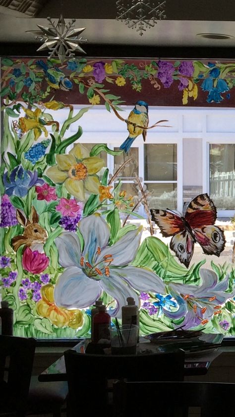 Spring mural (one panel) on the store window using kids tempera poster paint Paint Window Display Ideas, Easter Windows Paint, Butterfly Window Painting, Butterfly Window Art, Floral Window Painting, Spring Painted Windows, Painted Store Windows, Window Art Spring, Window Painting Spring